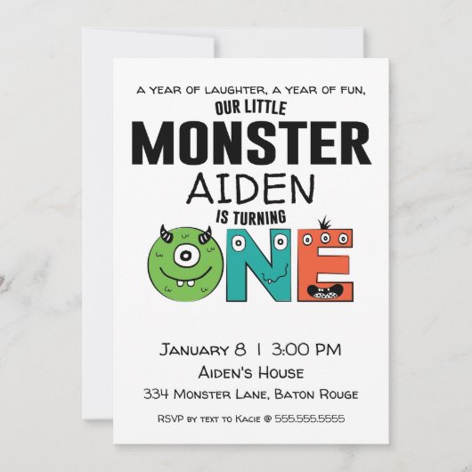 Little Monster First Birthday Invitation Kaart (Voorkant)