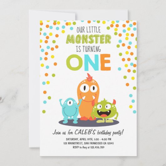 Little Monster First Birthday Party Invitation Boy Kaart (Voorkant)