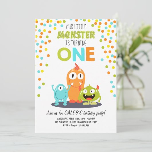 Little Monster First Birthday Party Invitation Boy Kaart (Staand voorkant)