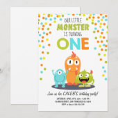Little Monster First Birthday Party Invitation Boy Kaart (Voorkant / Achterkant)