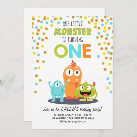 Little Monster First Birthday Party Invitation Boy Kaart (Voorkant / Achterkant)