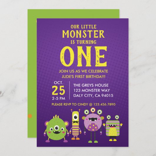 Little Monster First Birthday Party Invitation Kaart (Voorkant / Achterkant)
