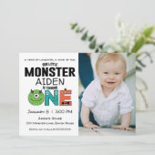 Little Monster First Birthday Photo Invitation Kaart (Staand voorkant)
