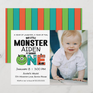 Little Monster First Birthday Photo Invitation Kaart