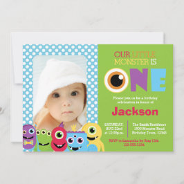 Little Monster First Birthday Photo Invitation Kaart