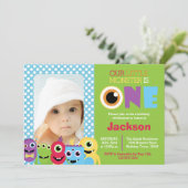 Little Monster First Birthday Photo Invitation Kaart (Staand voorkant)