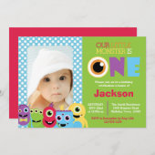 Little Monster First Birthday Photo Invitation Kaart (Voorkant / Achterkant)