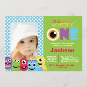 Little Monster First Birthday Photo Invitation Kaart