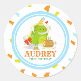 Little Monster Green Dino Birthday Baby shower Ronde Sticker