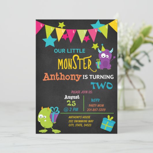 Little Monster krijgt twee verjaardagsuitnodiginge Kaart (Staand voorkant)