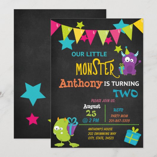 Little Monster krijgt twee verjaardagsuitnodiginge Kaart (Voorkant / Achterkant)