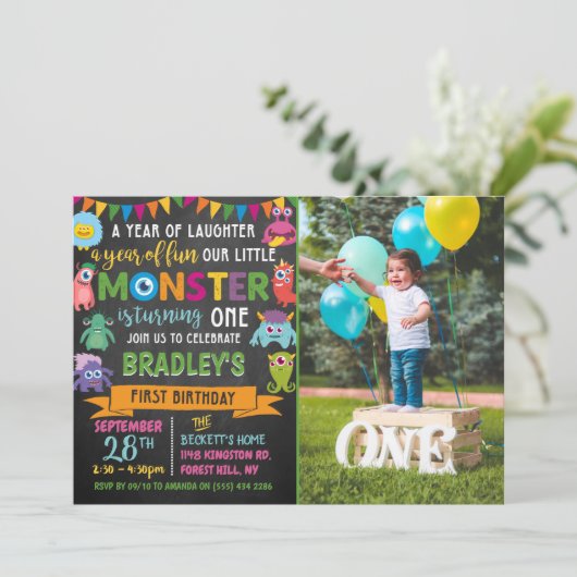 Little Monster Leiste 1e Verjaardagsfoto Kaart (Staand voorkant)