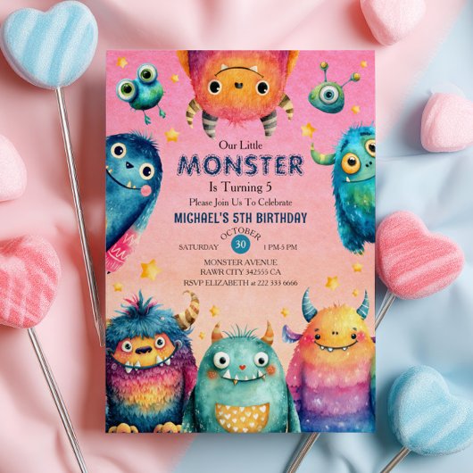 Little Monster Mash Whimsical Kids Verjaardagsfees Kaart