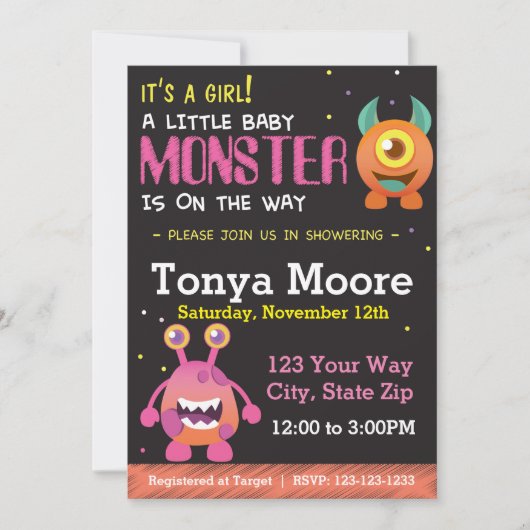 Little Monster Pink Baby shower Invitation Kaart (Voorkant)