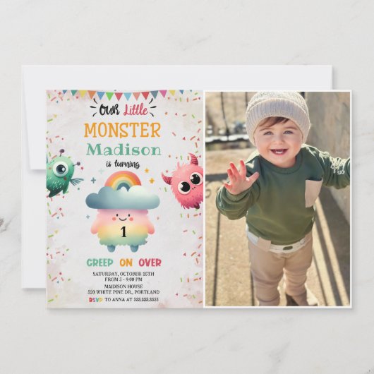 Little Monster Theme 1st Birthday Party Foto Kaart (Voorkant)