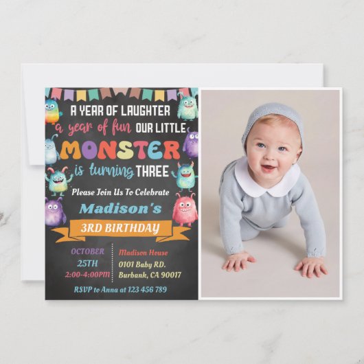 Little Monster Theme 3rd Birthday Party Foto Kaart (Voorkant)