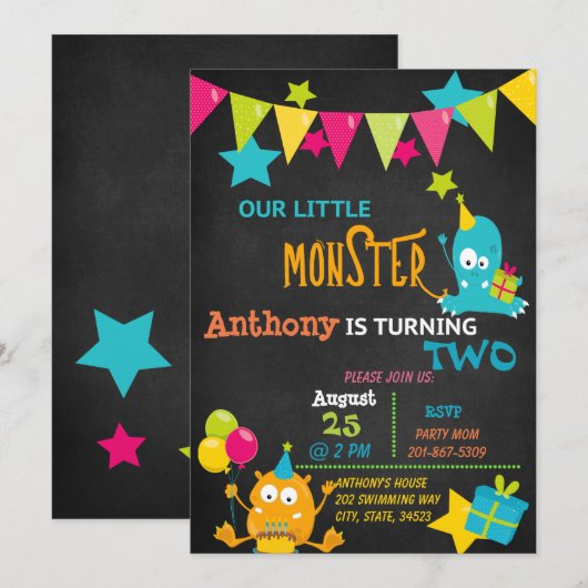Little Monster Turend Two Birthday Invitation Kaart (Voorkant / Achterkant)