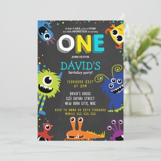 Little Monster Verjaardag Party Chalk 1e Verjaarda Kaart (Staand voorkant)