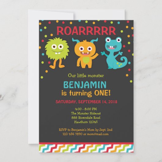 Little Monster Verjaardag Uitnodiging, Monster Uit Kaart (Voorkant)
