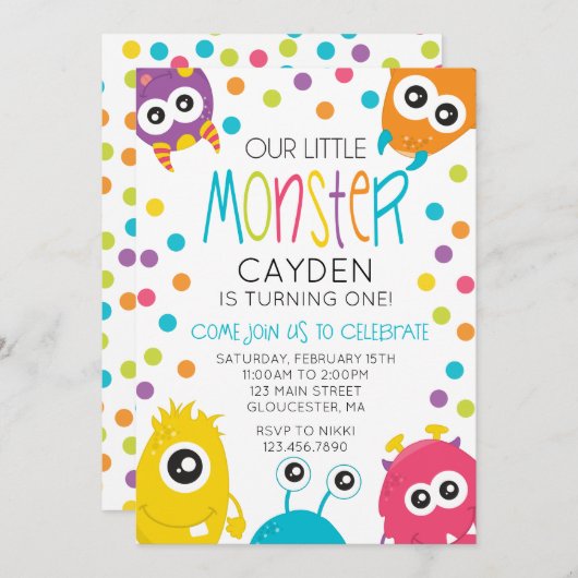 Little Monster Verjaardagsfeest Nodig Polka Dots u Kaart (Voorkant / Achterkant)