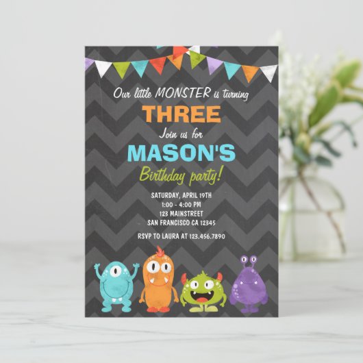 Little Monster verjaardagsfeestje uitnodigingskrij Kaart (Staand voorkant)