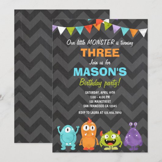 Little Monster verjaardagsfeestje uitnodigingskrij Kaart (Voorkant / Achterkant)