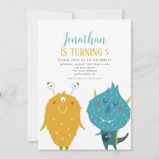 Little Monsters Blue en Yellow Birthday Party Kaart (Voorkant)