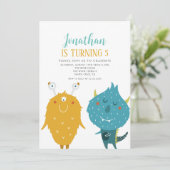 Little Monsters Blue en Yellow Birthday Party Kaart (Staand voorkant)