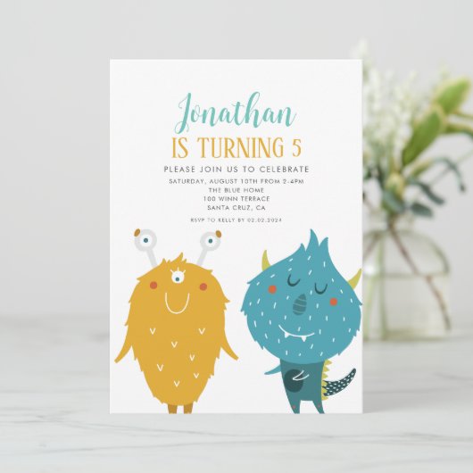 Little Monsters Blue en Yellow Birthday Party Kaart (Staand voorkant)
