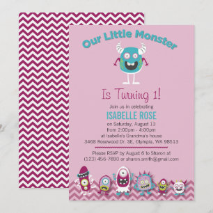 Little Monsters Girl Birthday Party Invitation Kaart