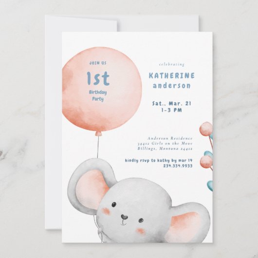 Little Mouse Blush & Blue 1e verjaardagsfeestje Kaart (Voorkant)