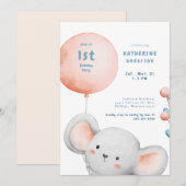 Little Mouse Blush & Blue 1e verjaardagsfeestje Kaart (Voorkant / Achterkant)