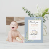 Little Mr ONEderful Blue Boy 1st Birthday Foto Bedankkaart (Staand voorkant)