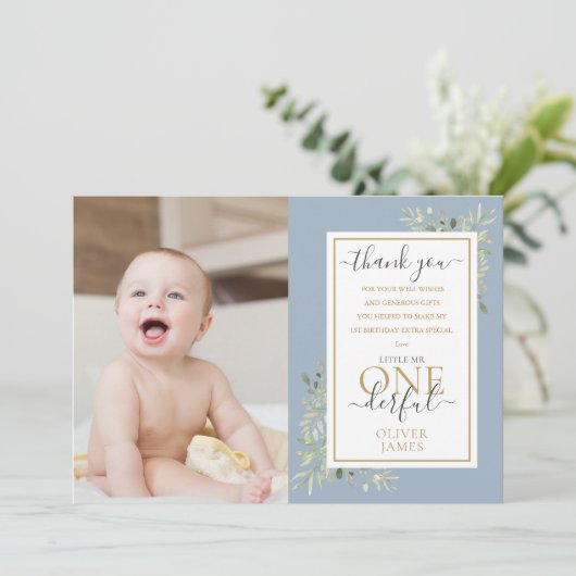 Little Mr ONEderful Blue Boy 1st Birthday Foto Bedankkaart (Staand voorkant)