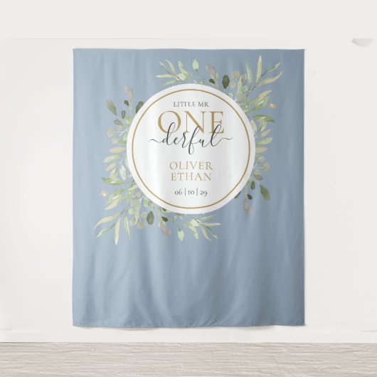 Little Mr. ONEderful Eerste Verjaardag Blauwe Foto Wandkleed (Voorkant)