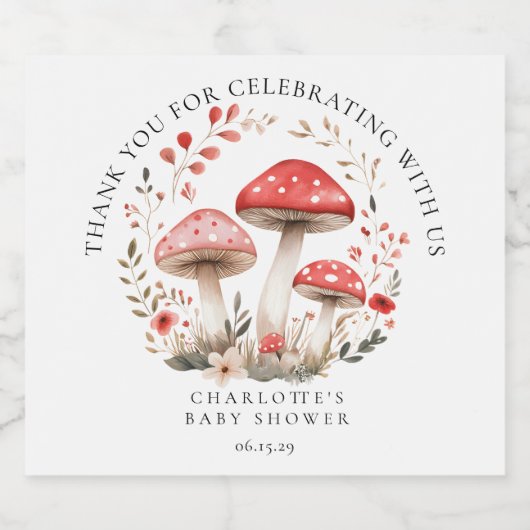 Little Mushroom Wildflowers Baby shower Bedankt Sparkling Wijnetiket (Enkel label)