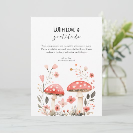 Little Mushrooms Wildflower Baby shower Dank u Kaart (Staand voorkant)