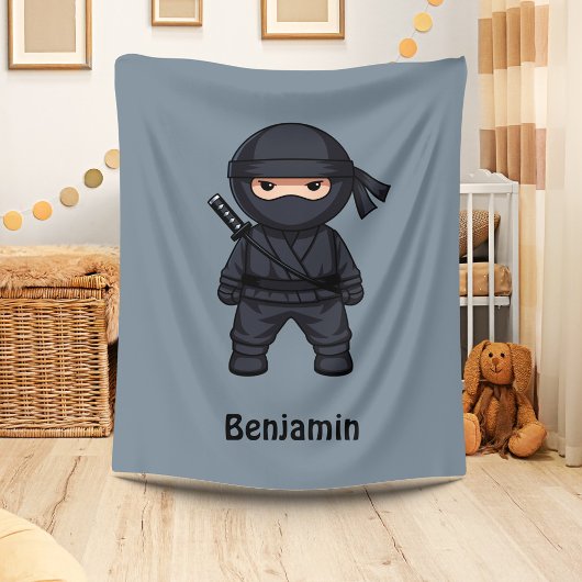 Little Ninja Custom Name Grey Fleece Deken