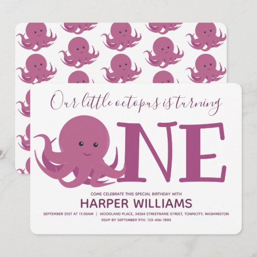 Little Octopus Turing One Animal First Birthday Kaart (Voorkant / Achterkant)