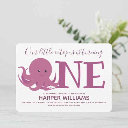 Little Octopus Turing One Animal First Birthday Kaart (Staand voorkant)