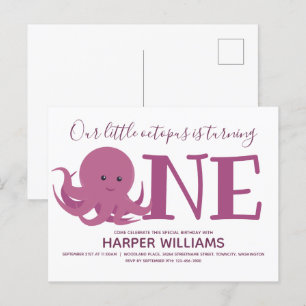 Little Octopus Turing One Animal First Birthday Uitnodiging Briefkaart