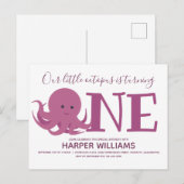 Little Octopus Turing One Animal First Birthday Uitnodiging Briefkaart (Voorkant / Achterkant)