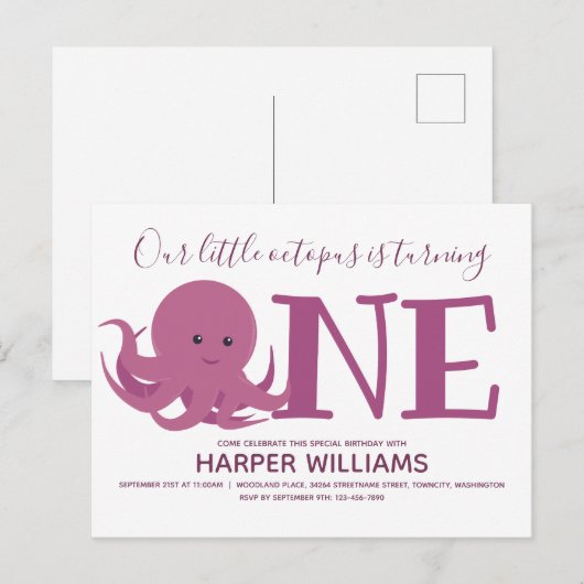 Little Octopus Turing One Animal First Birthday Uitnodiging Briefkaart (Voorkant / Achterkant)