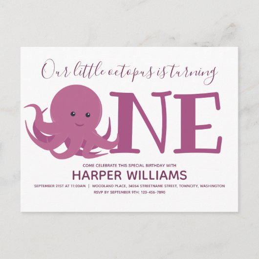 Little Octopus Turing One Animal First Birthday Uitnodiging Briefkaart (Voorkant)