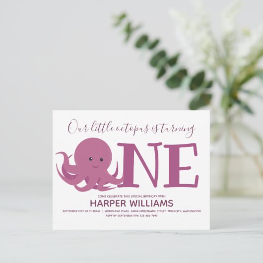 Little Octopus Turing One Animal First Birthday Uitnodiging Briefkaart (Staand voorkant)