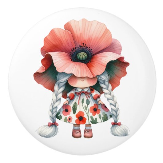  Little Oranje Bloemen Meisje Gnoom Keramische Knop (Voorkant)