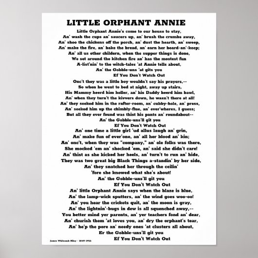 LITTLE ORPHANT ANNIE POEM POSTER (Voorkant)