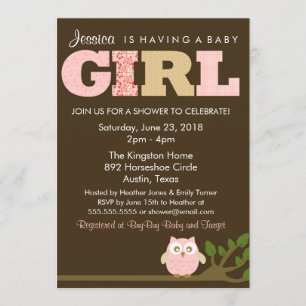 Little Owl Baby Girl Shower Invitation, Pattern Kaart