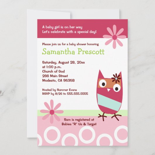 Little Owl Baby Shower Invitations Baby Girl 5x7 Kaart (Voorkant)