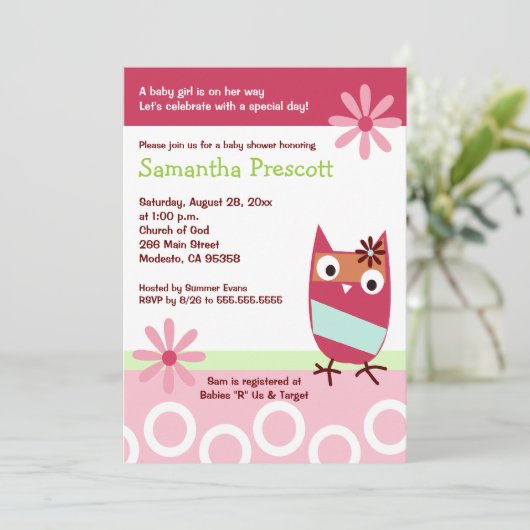Little Owl Baby Shower Invitations Baby Girl 5x7 Kaart (Staand voorkant)